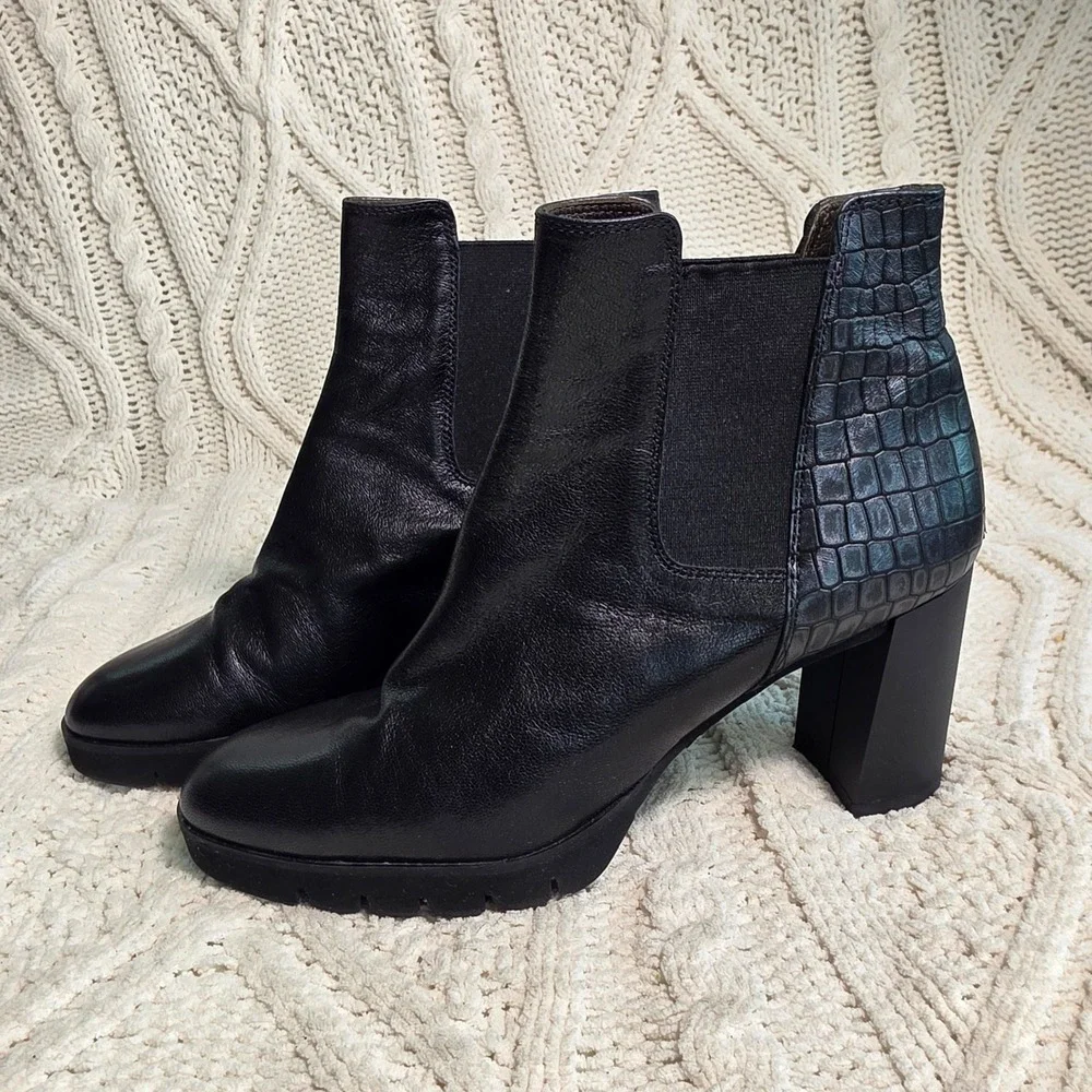 Brunate Heeled Boots Black Croc Embossed Italian Leather Womens 38.5 Excellent